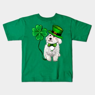 Funny Cavapoo puppy dog in hat and tie fancy dress with Clover Shamrocks - green 4 leaf clovers shamrock. Shenanigans The best Irish gift ideas 2024 Kids T-Shirt